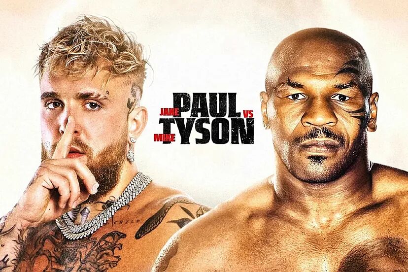 Mike Tyson and Jake Paul promotional poster of their faces close up.